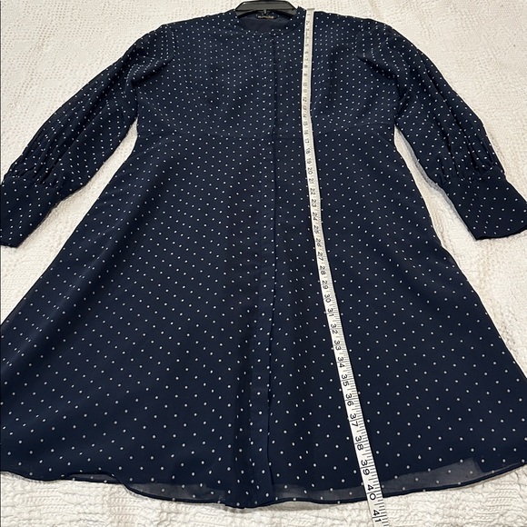 MASSIMO DUTTI Navy Blue Flocked Polka Dot Long Sleeve Fit & Flare Dress Women 10 - Picture 12 of 16